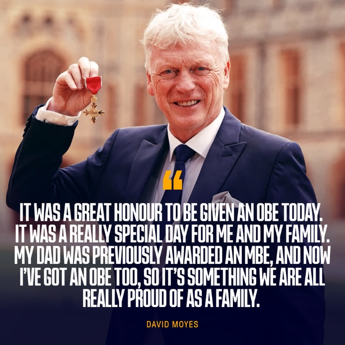 官方：埃弗顿主帅莫耶斯今日获颁官佐勋章，以表彰其执教贡献