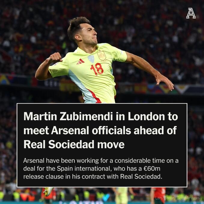 TA：祖比门迪已抵达伦敦，完成转会阿森纳的手续