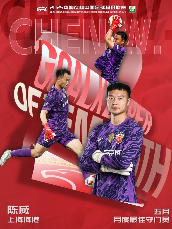 官方：上海海港门将陈威当选中超5月最佳守门员